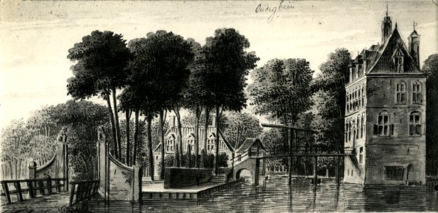 HUA-107440-Gezicht op de voor en zijgevel van het kasteel Oudegein te Jutphaas met links het voorterrein met een van de bouwhuizen uit het zuidoostenNB De gemeen