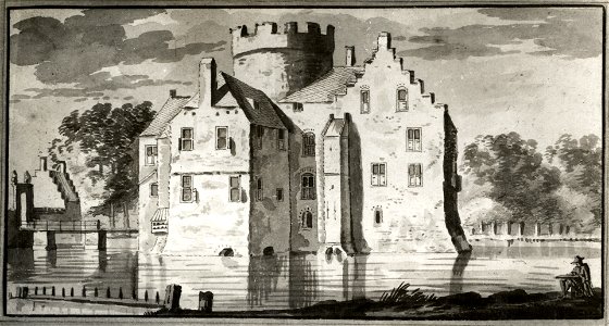 HUA-107395-Gezicht op het omgrachte kasteel Loenersloot gezien vanuit het zuidoosten vanaf de toegangsweg tot de voorburcht met links de brug naar de voorburcht 