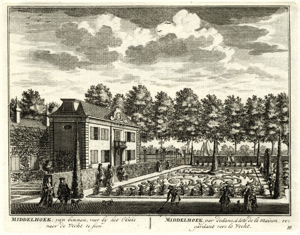 HUA-135744-Gezicht op de buitenplaats Middenhoek bij Loenen met het huis en de daarvoor gelegen tuin met een broderieparterre en op de achtergrond de bomen langs