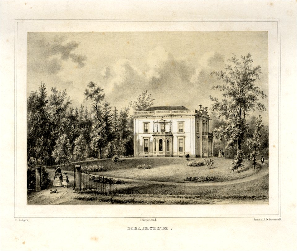 HUA-135865-Gezicht op de voor en de zijgevel van het huis Schaerweijde te Zeist met de omringende tuin