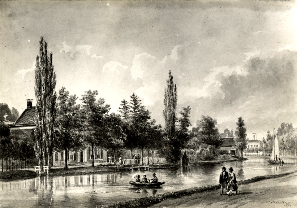 HUA-107494-Gezicht vanaf het Zandpad op een bocht van de Vecht bij Breukelen met links gedeeltelijk achter de bomen de voorgevel van het huis Vredenoord uit het 