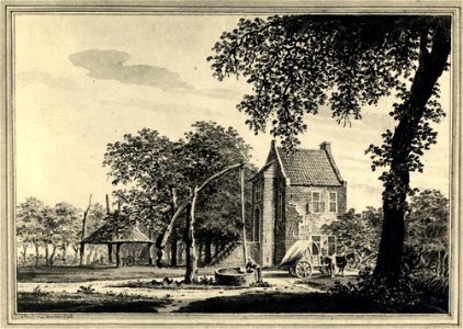 HUA-107445-Gezicht op de voor en zijgevel van het huis Prattenburg bij Veenendaal met op de voorgrond een waterput en op de achtergrond een hooiberg