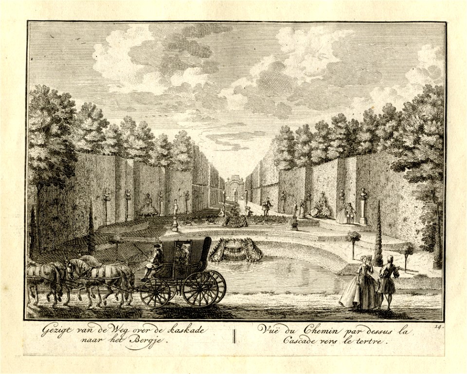 HUA-135989-Gezicht vanaf de weg die de buitenplaats Ter Meer te Maarssen doorsnijdt over de waterwerken van de Cascade in een laan met geschoren hagen in de rich