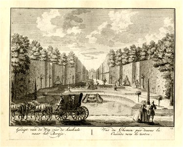 HUA-135989-Gezicht vanaf de weg die de buitenplaats Ter Meer te Maarssen doorsnijdt over de waterwerken van de Cascade in een laan met geschoren hagen in de rich