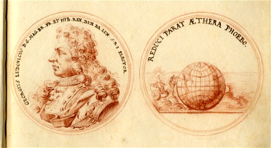 HUA-135534-Links afbeelding van een penning met het portret van koning George I van EngelandRechts afbeelding van de keerzijde van de penning met een wereldbol e