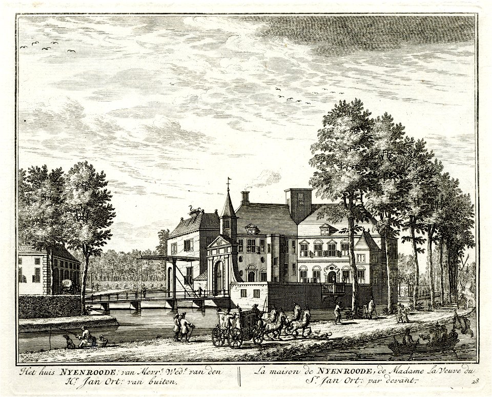 HUA-135717-Gezicht vanaf de Vecht en de straatweg langs de Vecht op het kasteel Nijenrode bij Breukelen uit het zuidoosten met links het stalgebouw en de brug tu