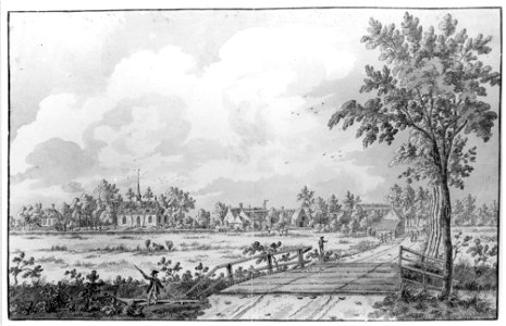 HUA-107538-Gezicht vanaf de Hillebrandsteeg op het dorp De Bilt uit het zuiden met op de voorgrond een brug over de Biltsche GriftNB de naam Hillebrandsteeg is l