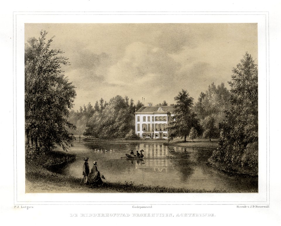 HUA-135909-Gezicht over de grote vijver in het landschapspark van Broekhuizen bij Leersum op de achtergevel van het huis
