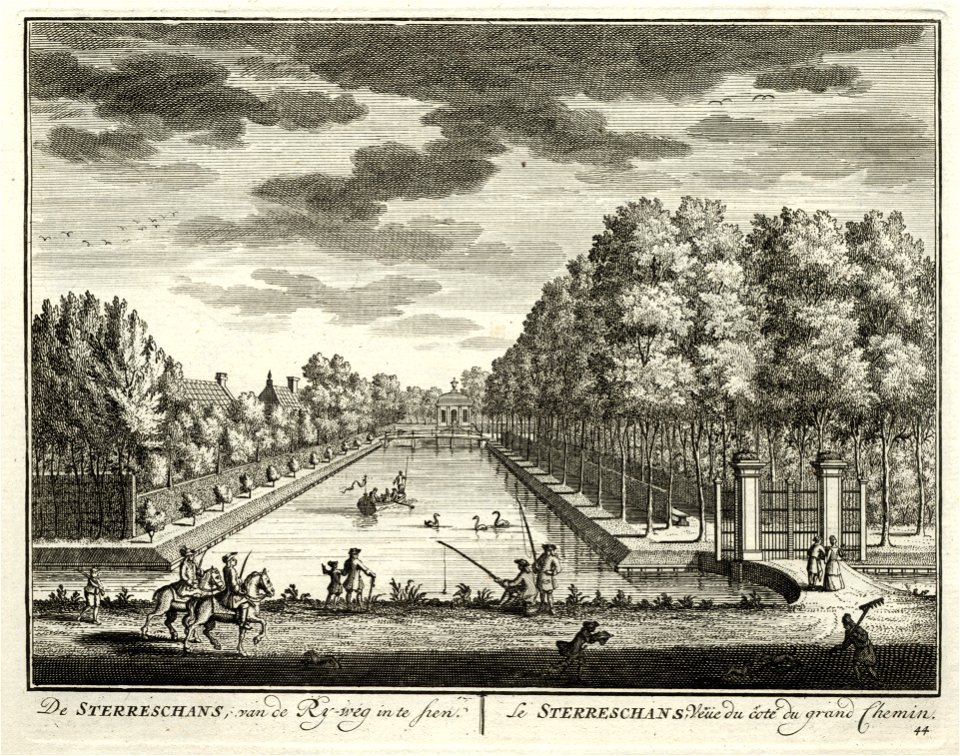 HUA-135733-Gezicht op de tuin en de vijver bij de buitenplaats Sterreschans vanaf de Straatweg met op de achtergrond de theekoepel annex botenhuis aan de Vecht