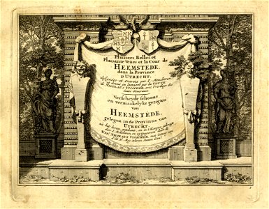 HUA-135950-Afbeelding van een draperie tegen een architectonische omlijsting met twee wapens geflankeerd door twee hermen en aan weerszijden een tuinbeeld op een