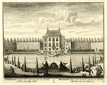 HUA-135785-Gezicht over de grote vijver op de achtergevel van het huis van de buitenplaats Driemond gelegen op de plaats waar de riviertjes het Gein de Gaasp en 