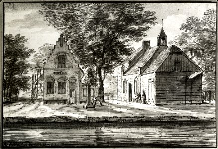 HUA-107591-Gezicht over de Angstel op het rechthuis en de kapel te Loenersloot uit het westen