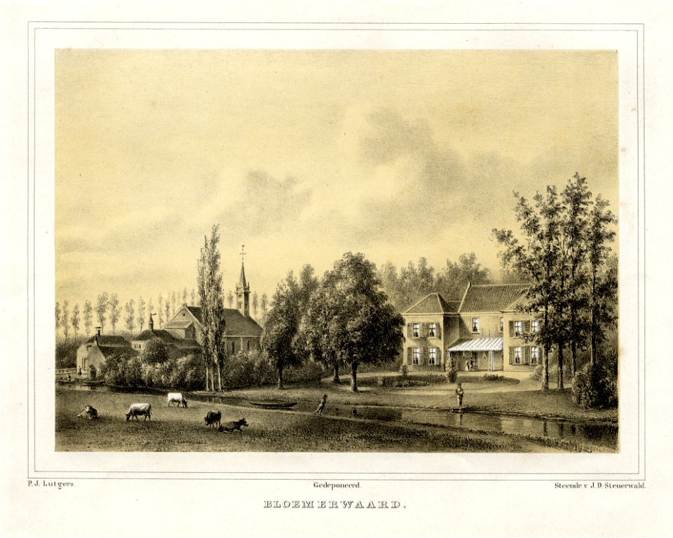 HUA-135925-Gezicht op de voorgevel van het huis Bloemerwaard te Bunnik met zijn tuin aan de Kromme Rijn met op de achtergrond de rooms katholieke kerk