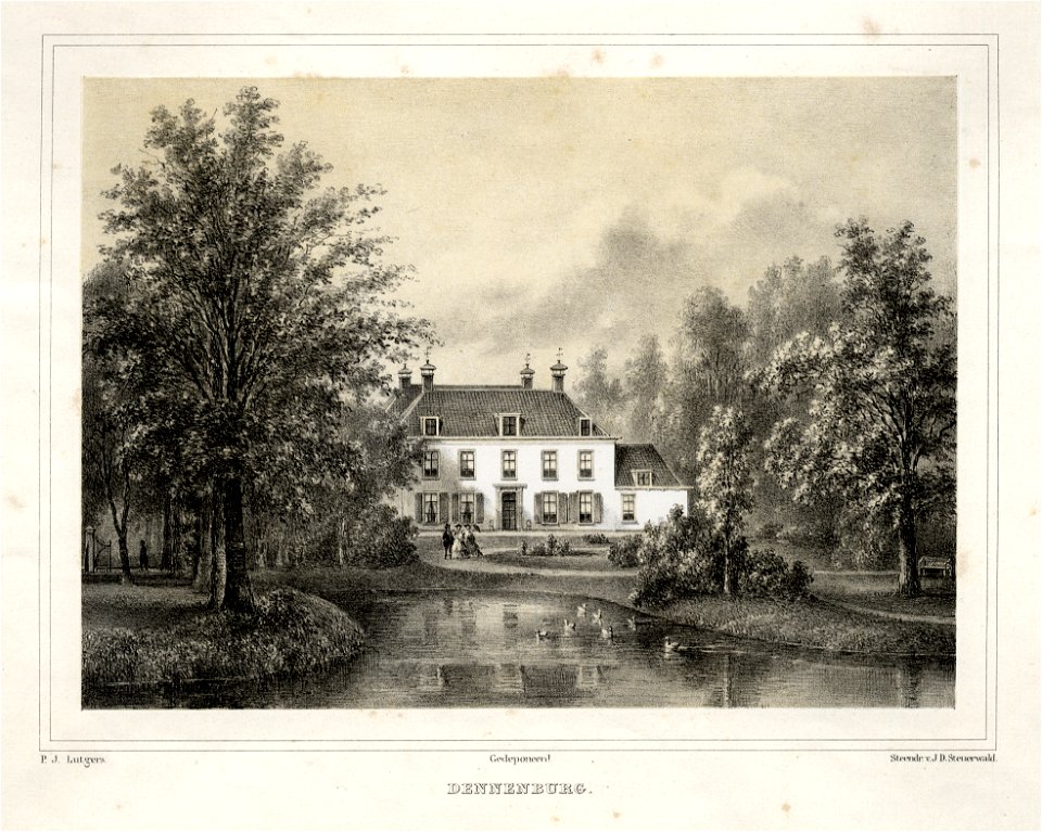 HUA-135892-Gezicht op de voorgevel van het huis Dennenburg Engweg 34 te Driebergen met de bijbehorende landschapstuin uit het noordoostenNB De gemeenten Drieberg