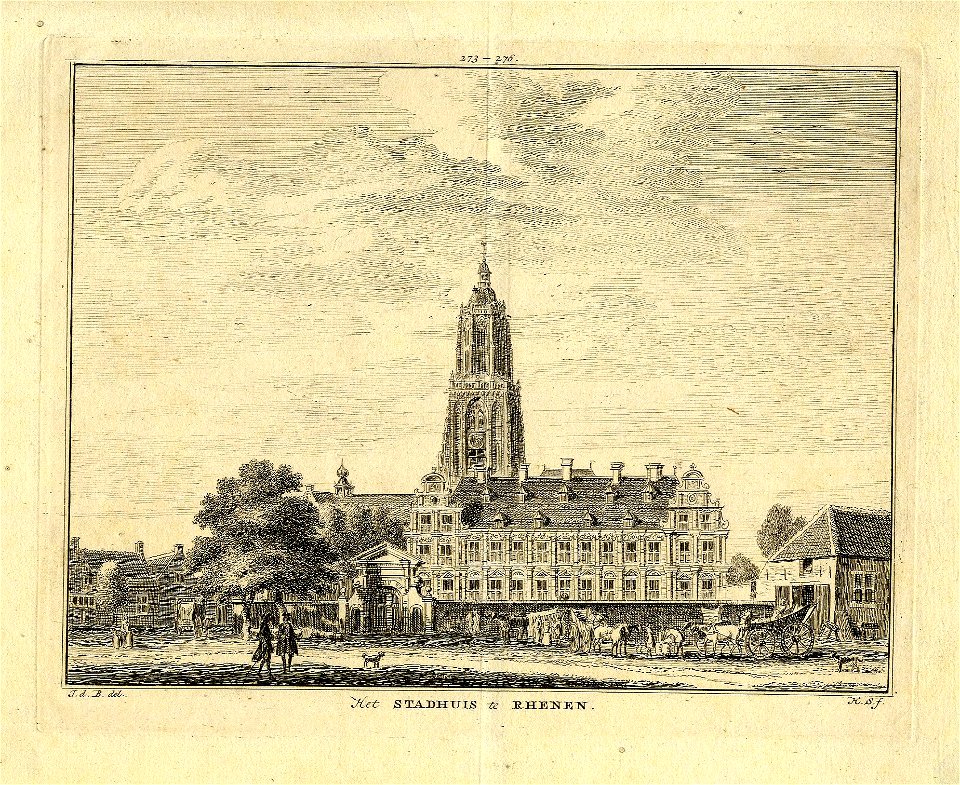 HUA-200114-Gezicht op de voorgevel van het paleis van koning Frederik van de Palts te Rhenen met op de achtergrond de Cuneratoren en het dak van de kerk uit het 