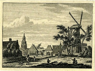 HUA-200036-Gezicht op Amersfoort uit het zuiden met links de Onze Lieve Vrouwetoren in het midden de Slijkpoort en rechts een molen
