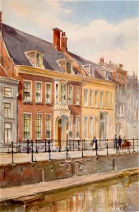 HUA-119816-Gezicht op enkele huizen aan de Nieuwegracht te Utrecht waaronder het Wilhelmina Kinderziekenhuis Nieuwegracht 137 