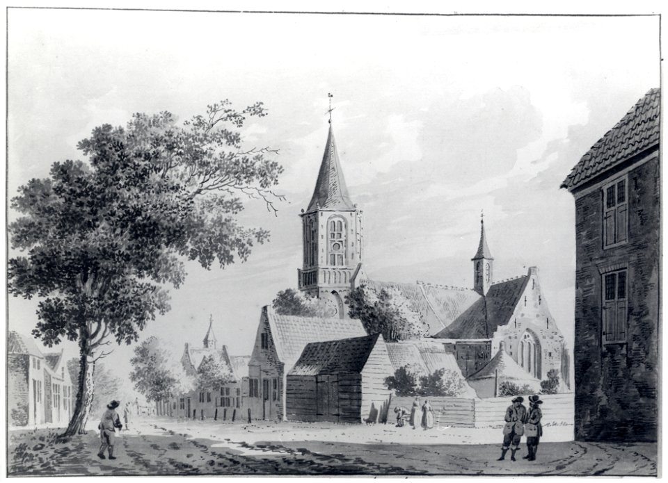 HUA-107672-Gezicht in het dorp Bunschoten met in het midden een herberg en daarachter de kerk