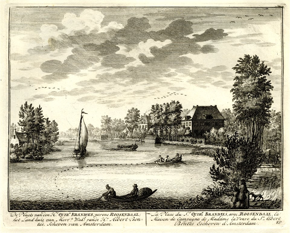 HUA-135674-Gezicht uit het zuidwesten op de Vecht bij Nigtevecht met rechts de buitenplaats van de heer Quirijn Brandjes en links daarvan het huis Rozendaal het 