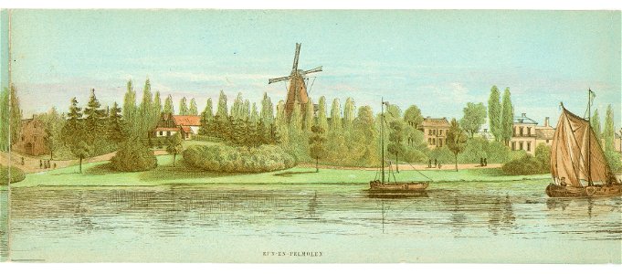 HUA-135018-Gezicht op het singelplantsoen te Utrecht met het dubbele woonhuis boven de kazematten van het vroegere bastion Sterrenburg en de molen op de Bijlhouw