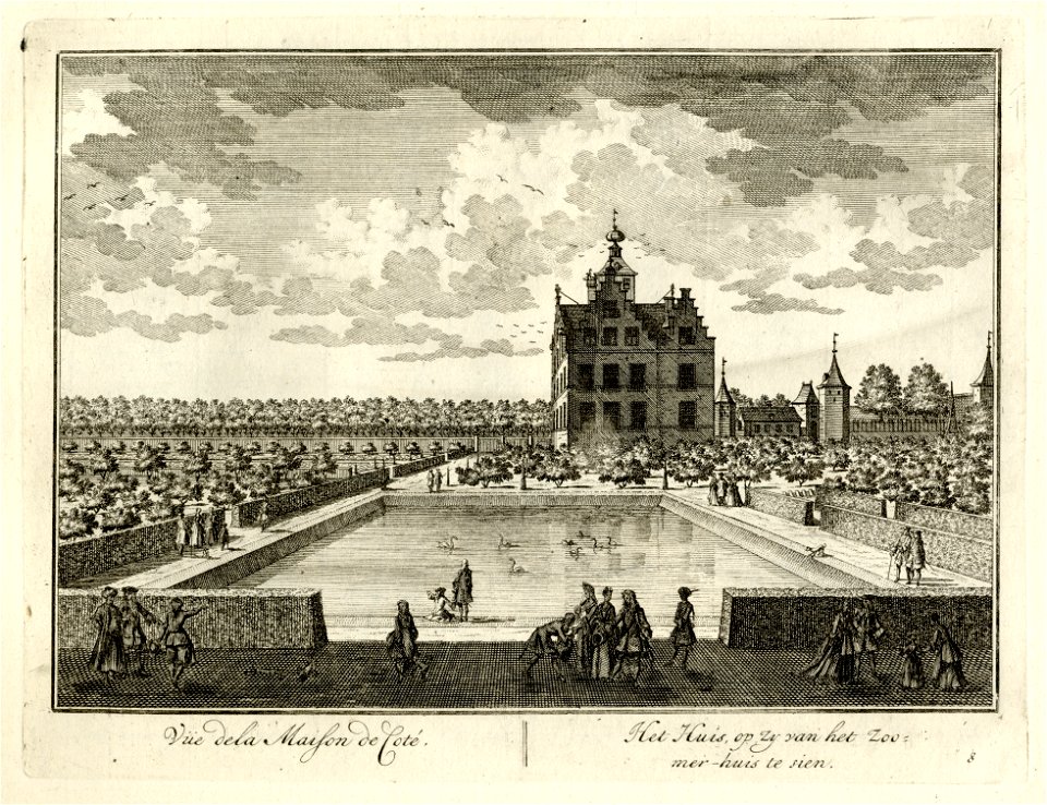 HUA-136027-Gezicht vanaf het zomerhuis over de grote vijver aan de noordwestzijde van de tuin op de zijgevel van het kasteel Zuilenstein bij Amerongen uit het no