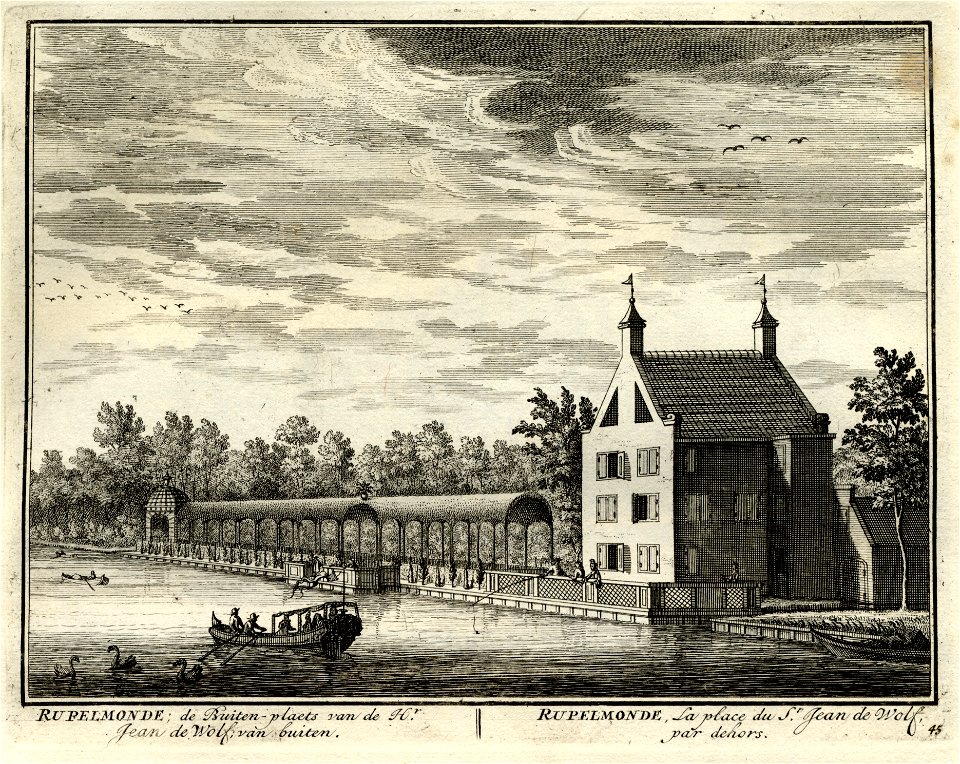 HUA-135630-Gezicht over de Vecht op de buitenplaats Rupelmonde bij Nieuwersluis met langs het water een loofgang eindigend in een prieel