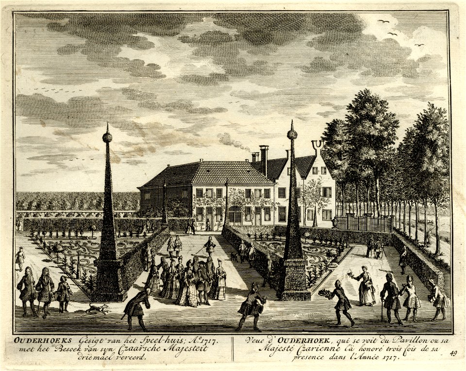 HUA-135634-Gezicht op de tuin en het huis Ouderhoek aan de Vecht bij Nieuwersluis tijdens het bezoek van Tsaar Peter de Grote en zijn gevolg in 1717