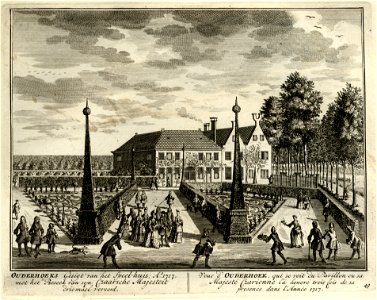 HUA-135634-Gezicht op de tuin en het huis Ouderhoek aan de Vecht bij Nieuwersluis tijdens het bezoek van Tsaar Peter de Grote en zijn gevolg in 1717