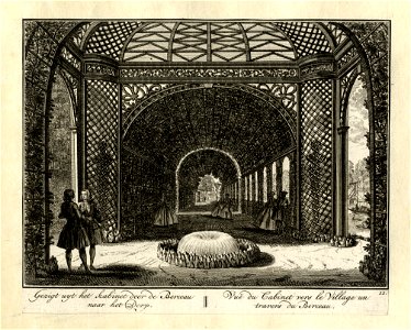 HUA-135986-Gezicht vanuit het latwerkpaviljoen Cabinet in de berceau langs de Vecht van de buitenplaats Ter Meer in de richting van enkele huizen in Maarssen