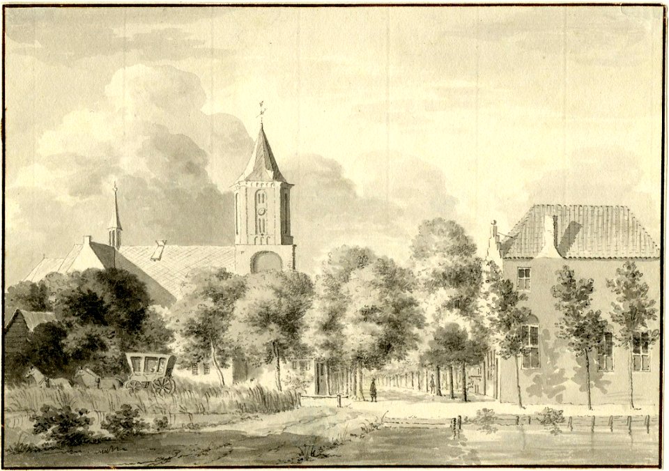 HUA-200480-Gezicht in het dorp Bunschoten met de Nederlands Hervormde kerk in het midden een doorkijk in de Dorpsstraat en op de voorgrond een hoek van de Kolk d
