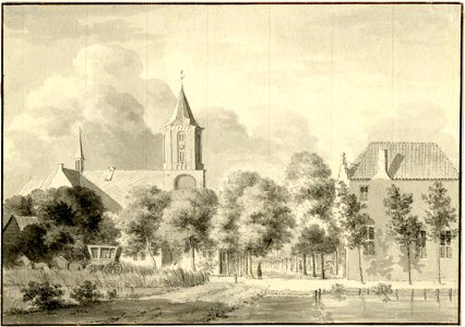 HUA-200480-Gezicht in het dorp Bunschoten met de Nederlands Hervormde kerk in het midden een doorkijk in de Dorpsstraat en op de voorgrond een hoek van de Kolk d