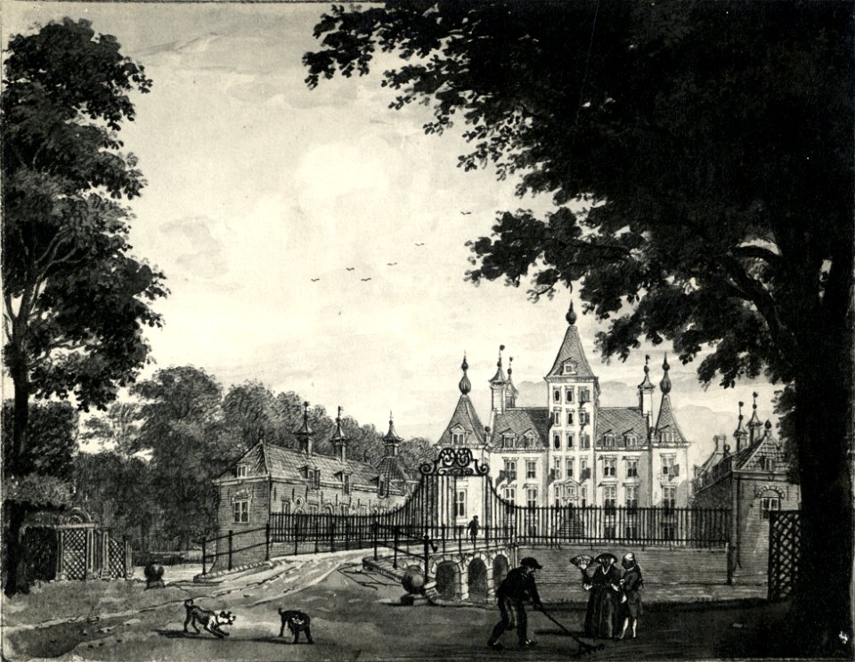 HUA-107448-Gezicht uit het oosten op de voorgevel van het kasteel Renswoude te Renswoude met daarvoor het voorplein met de beide bouwhuizen en op de voorgrond de