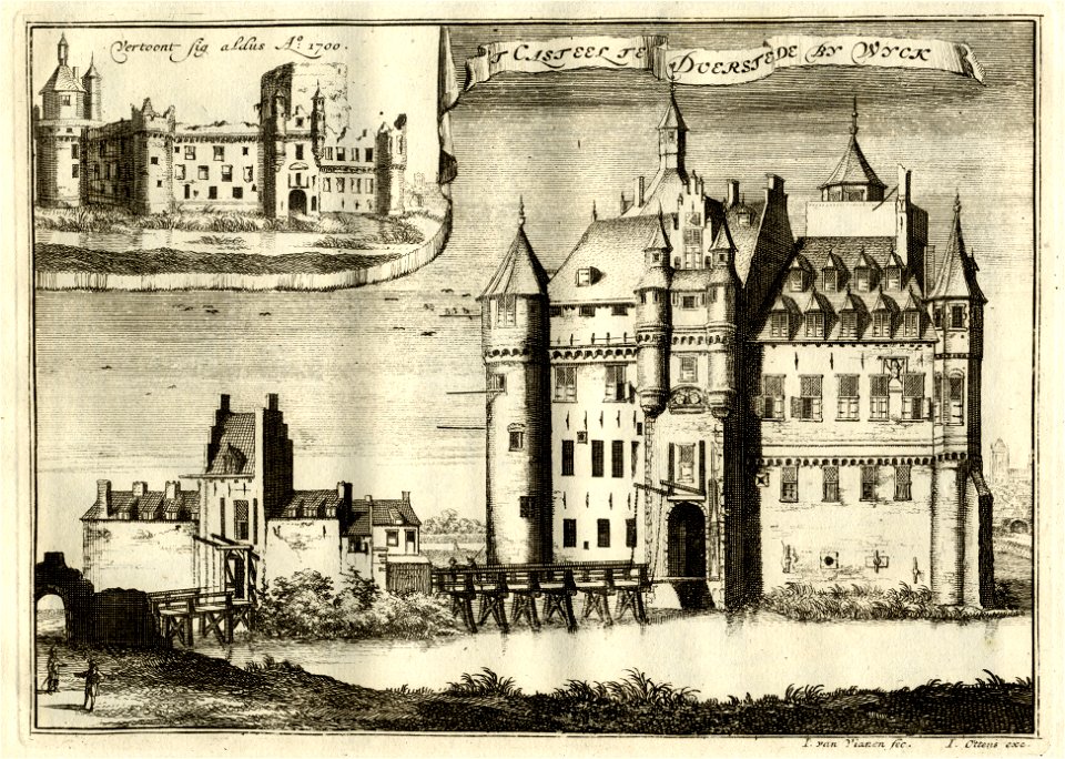 HUA-135365-Gezicht op de voorgevel en het poortgebouw van het kasteel Duurstede te Wijk bij Duurstede in welstand Linksboven een inzet met een afbeelding van de 