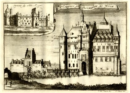HUA-135365-Gezicht op de voorgevel en het poortgebouw van het kasteel Duurstede te Wijk bij Duurstede in welstand Linksboven een inzet met een afbeelding van de 
