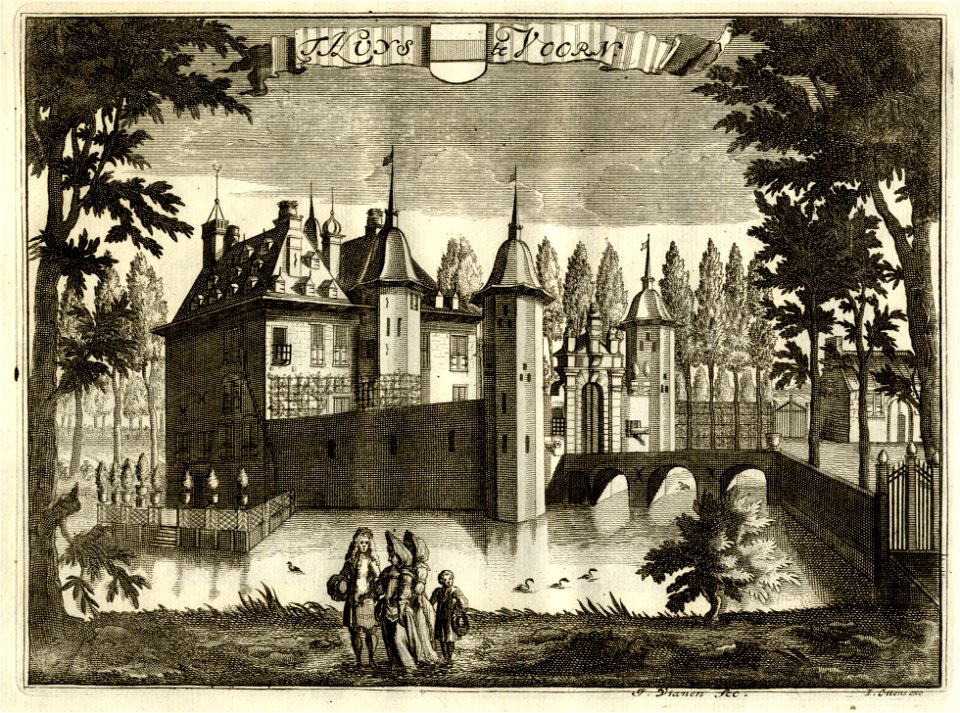 HUA-135397-Gezicht op het omgrachte kasteel Voorn te De Meern gemeente Vleuten De Meern met het ommuurde voorplein met twee duiventorens op de hoeken en rechts e