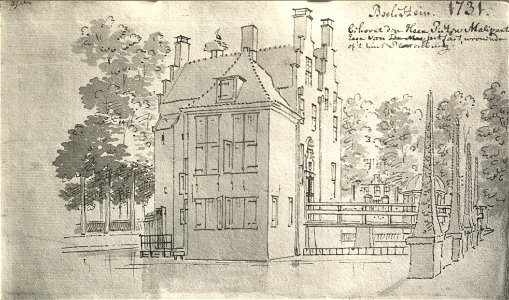 HUA-107294-Gezicht op het kasteel Bolenstein te Maarssen temidden van de slotgracht met rechtsachter de theekoepel aan de Vecht uit het zuidoosten