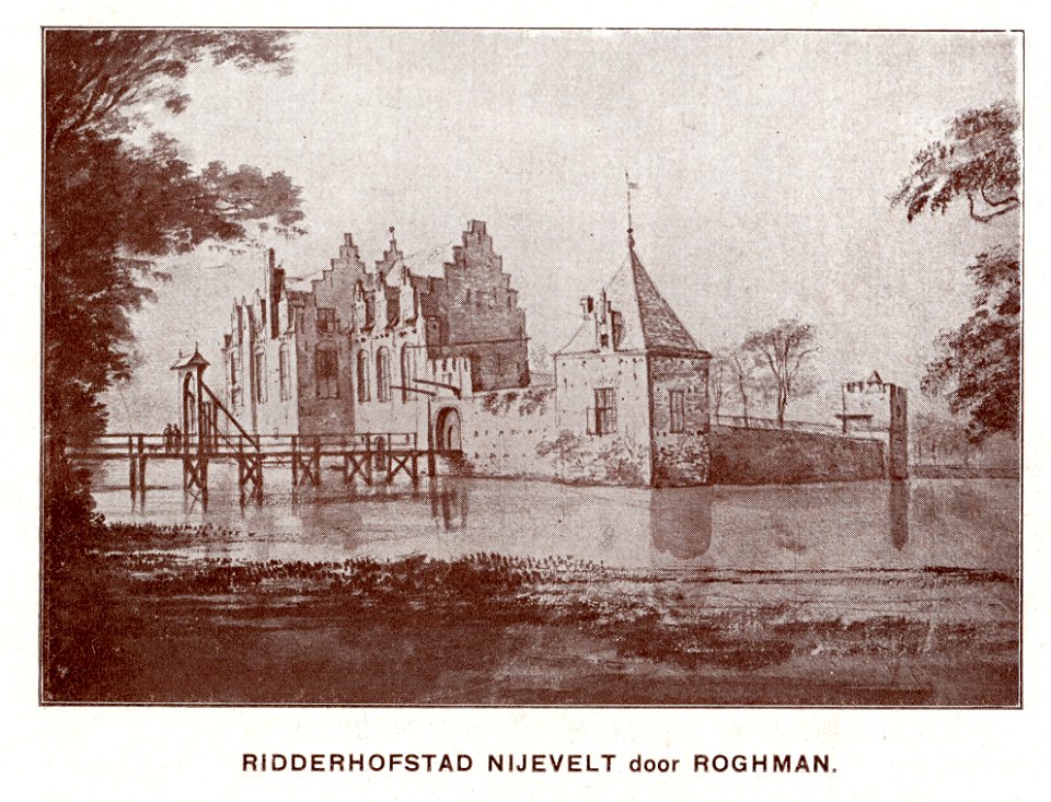 HUA-107430-Gezicht op het omgrachte kasteel Nijeveld bij Veldhuizen uit het noordoostenNB De gemeente Veldhuizen is per 1 januari 1954 opgenomen in de gemeente V