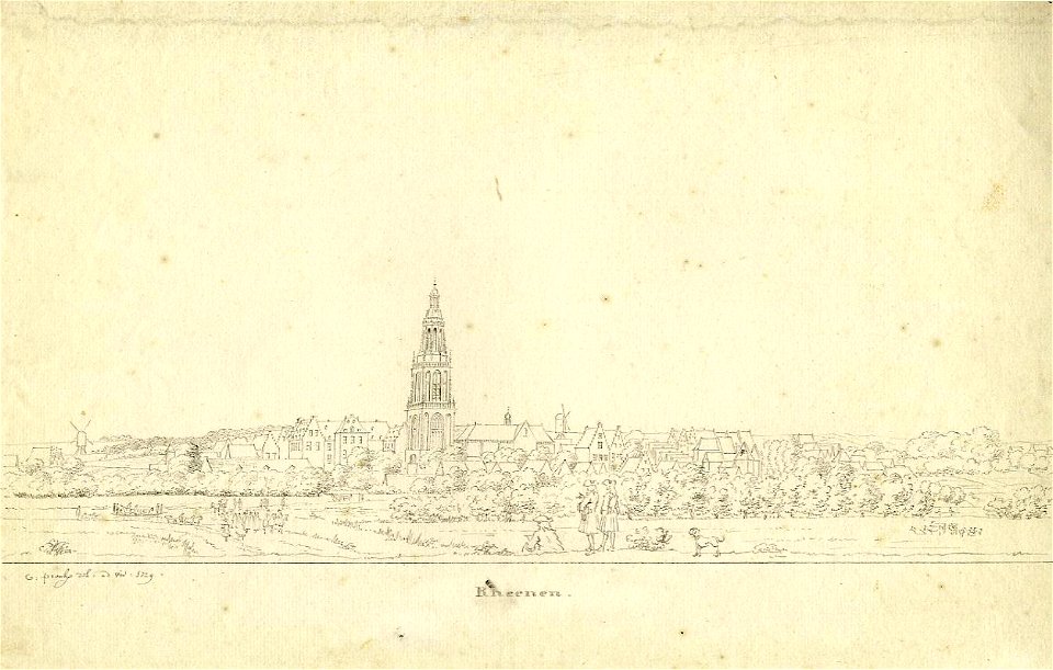 HUA-200119-Gezicht op Rhenen vanaf de Marsdijk aan de zuidoever van de Rijn uit het zuiden met de Cunerakerk en links daarvan het voormalige paleis van koning Fr