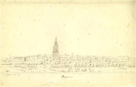 HUA-200119-Gezicht op Rhenen vanaf de Marsdijk aan de zuidoever van de Rijn uit het zuiden met de Cunerakerk en links daarvan het voormalige paleis van koning Fr