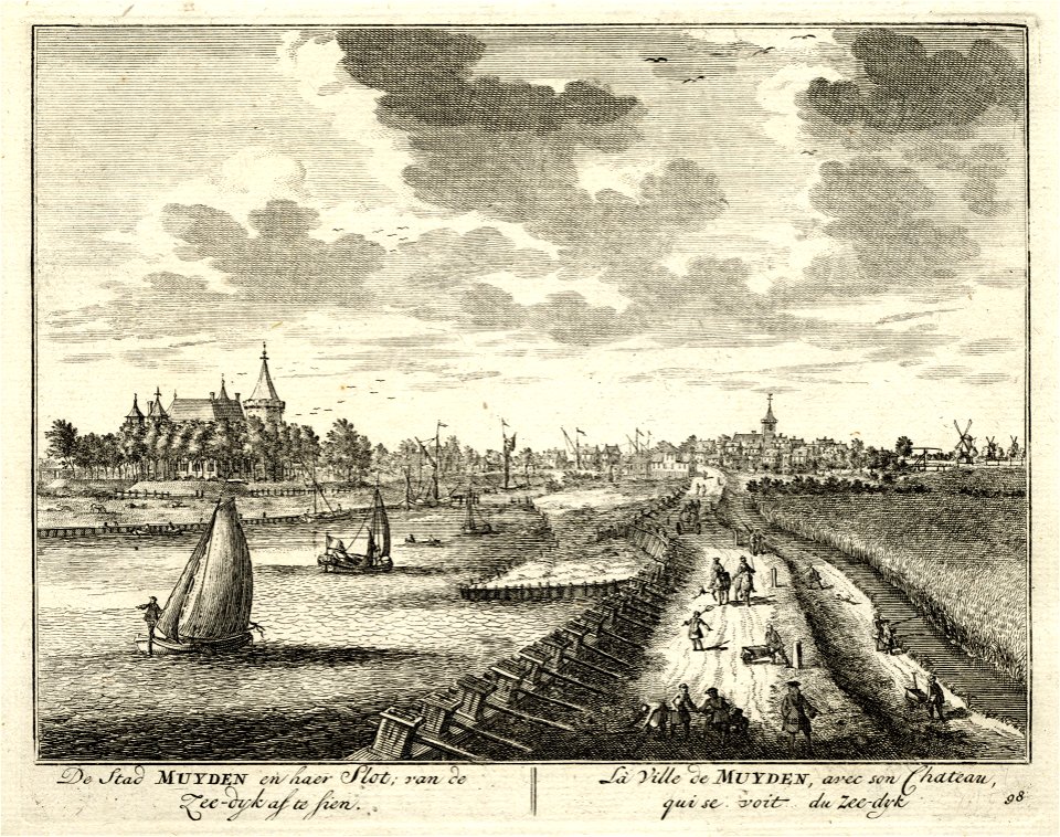 HUA-135789-Gezicht op de Vecht uit het noorden met links het Muiderslot en op de achtergrond de stad Muiden