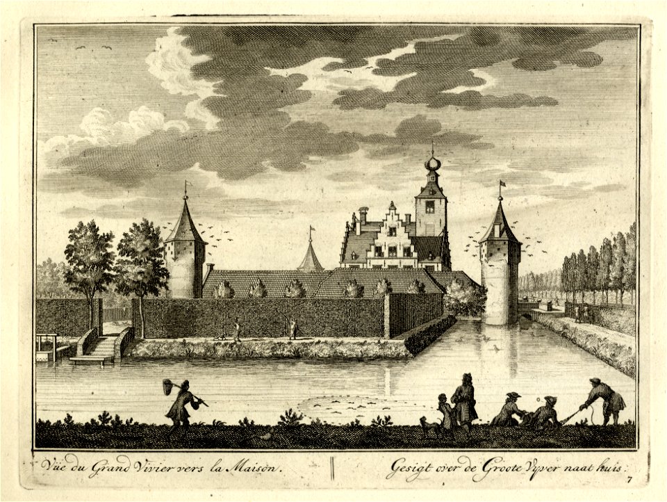 HUA-136026-Gezicht over de grote vijver aan de zuidwestzijde van de tuin van het kasteel Zuilenstein bij Amerongen op het huis en de daken van de bijgebouwen uit