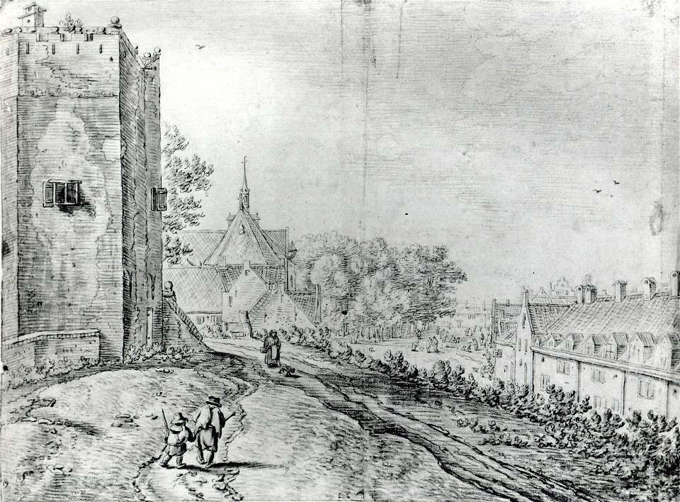HUA-108668-Gezicht vanaf de stadswal te Utrecht uit het noordoosten met links de toren op het St Servaashek en daarachter de gebouwen van het St Agnietenklooster
