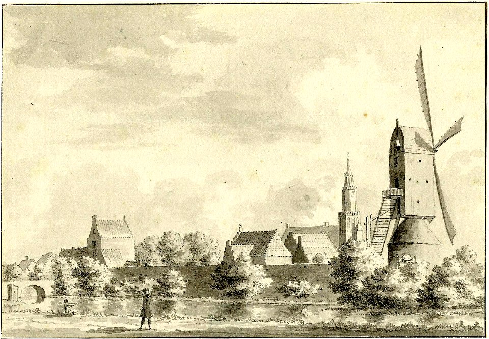 HUA-200218-Gezicht op Montfoort uit het zuidwesten met rechts op de voorgrond de molen De Valk en op de achtergrond links de Willeskopperpoort en rechts de Jansk