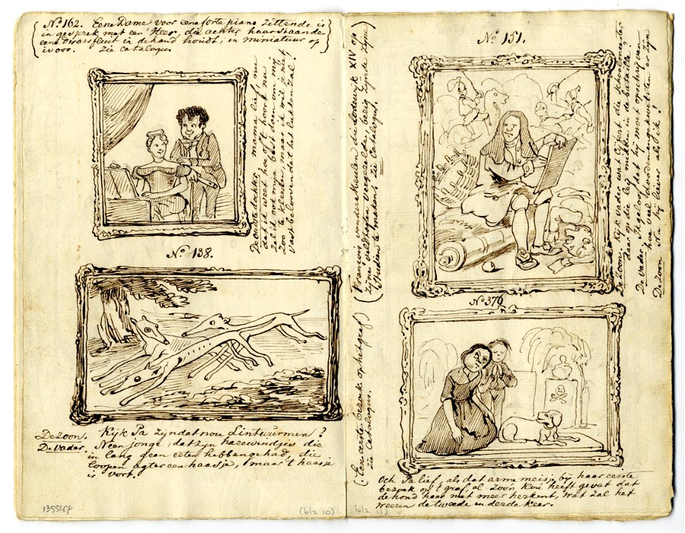 HUA-135547-Afbeelding van vier schilderijen met geschreven commentaar