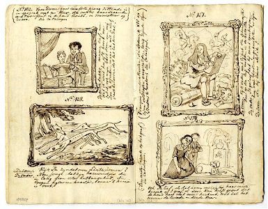 HUA-135547-Afbeelding van vier schilderijen met geschreven commentaar
