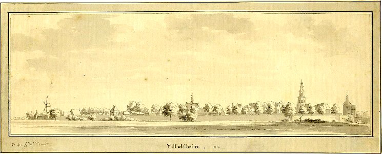 HUA-200255-Gezicht op IJsselstein uit het zuidoosten met rechts de Nicolaaskerk en de IJsselpoort