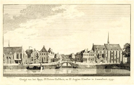 HUA-200065-Gezicht over de Westsingel te Amersfoort op het Spui met links het St Pietersgasthuis rechts het St Aagtenklooster en op de achtergrond de Koppelpoort