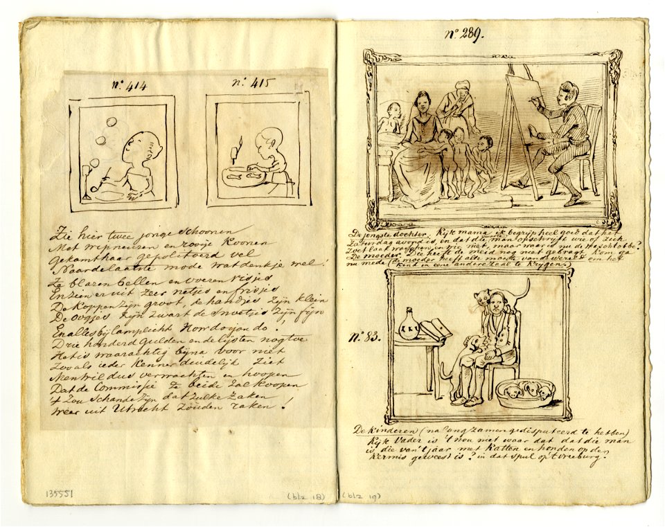 HUA-135551-Afbeelding van vier schilderijen met geschreven commentaar