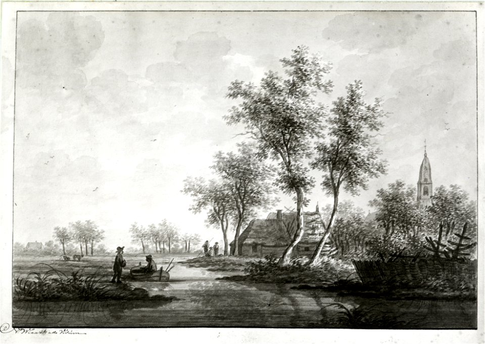 HUA-107593-Gezicht op een landschap met een boerderij aan een riviertje en op de achtergrond een kerktoren