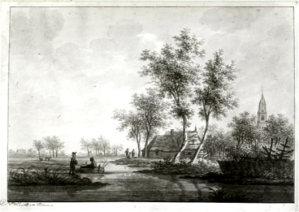 HUA-107593-Gezicht op een landschap met een boerderij aan een riviertje en op de achtergrond een kerktoren